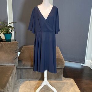Women’s Blue Short Sleeve V-Neck Casual Midi Dress Side Zipper Size 2XL